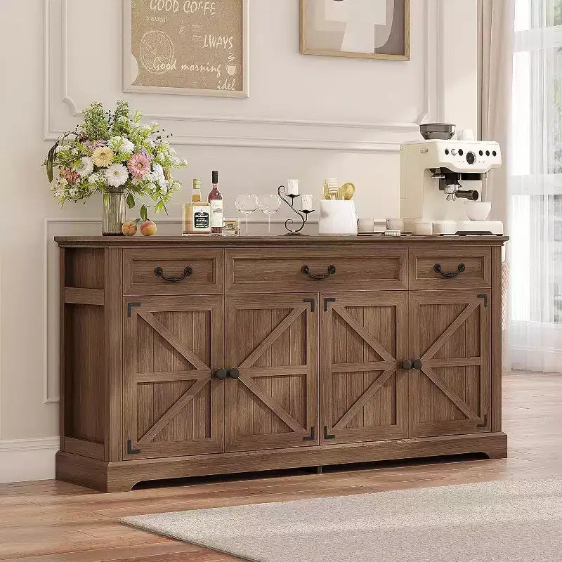 Grand buffet de rangement 65, bahut de cuisine de style campagnard avec 3 tiroirs et 4 portes, meuble de bar à café et à vin avec rangement, Noyer