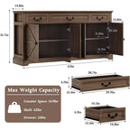 Grand buffet de rangement 65, bahut de cuisine de style campagnard avec 3 tiroirs et 4 portes, meuble de bar à café et à vin avec rangement, Noyer