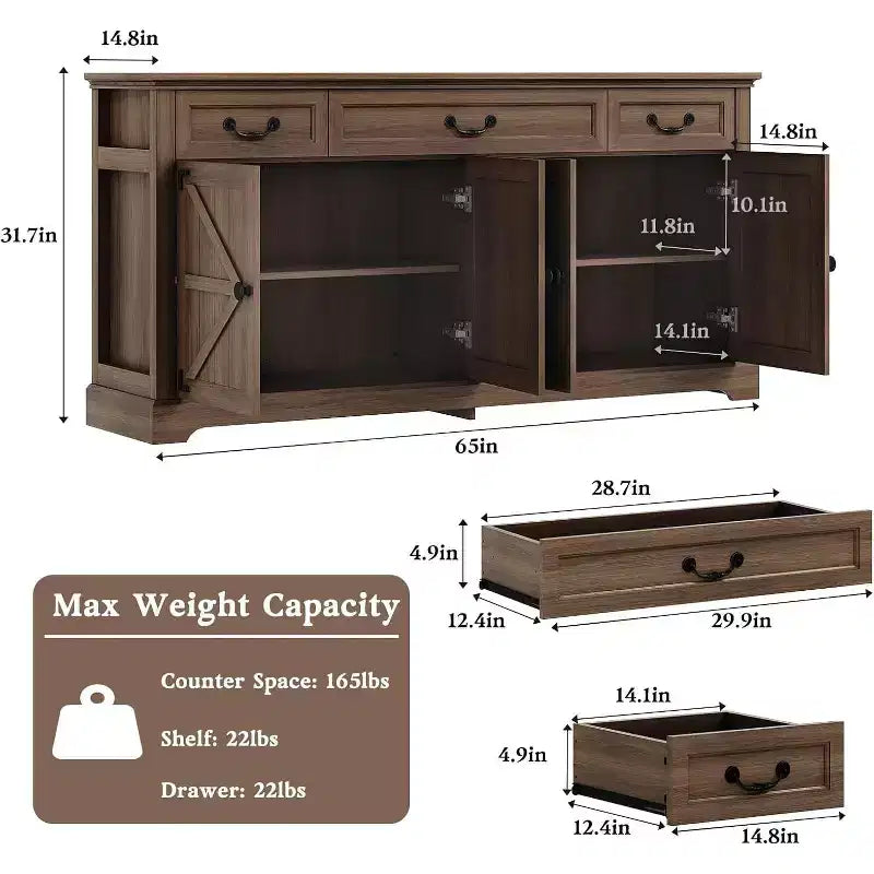 Grand buffet de rangement 65, bahut de cuisine de style campagnard avec 3 tiroirs et 4 portes, meuble de bar à café et à vin avec rangement, Noyer