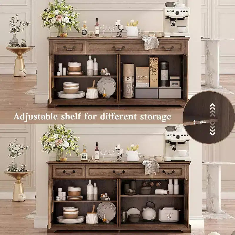 Grand buffet de rangement 65, bahut de cuisine de style campagnard avec 3 tiroirs et 4 portes, meuble de bar à café et à vin avec rangement, Noyer