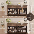 Grand buffet de rangement 65, bahut de cuisine de style campagnard avec 3 tiroirs et 4 portes, meuble de bar à café et à vin avec rangement, Noyer