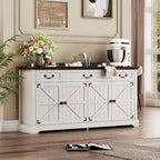 Grand buffet de rangement 65, bahut de cuisine de style campagnard avec 3 tiroirs et 4 portes, meuble de bar à café et à vin avec rangement, Noyer