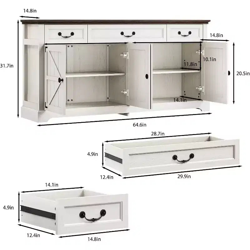 Grand buffet de rangement 65, bahut de cuisine de style campagnard avec 3 tiroirs et 4 portes, meuble de bar à café et à vin avec rangement, Noyer