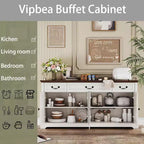Grand buffet de rangement 65, bahut de cuisine de style campagnard avec 3 tiroirs et 4 portes, meuble de bar à café et à vin avec rangement, Noyer