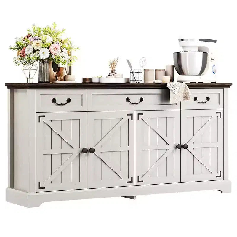 Grand buffet de rangement 65, bahut de cuisine de style campagnard avec 3 tiroirs et 4 portes, meuble de bar à café et à vin avec rangement, Noyer