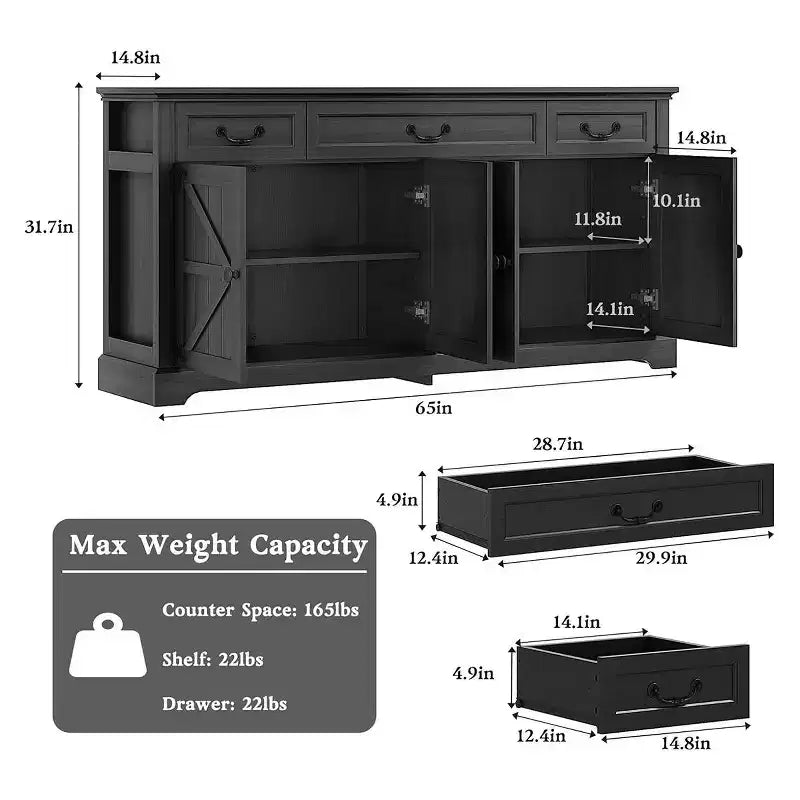 Grand buffet de rangement 65, bahut de cuisine de style campagnard avec 3 tiroirs et 4 portes, meuble de bar à café et à vin avec rangement, Noyer