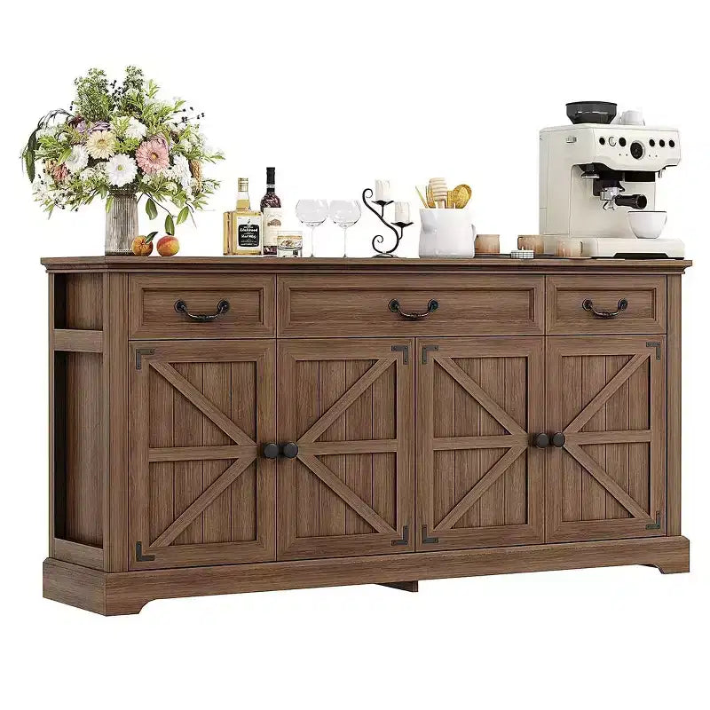 Grand buffet de rangement 65, bahut de cuisine de style campagnard avec 3 tiroirs et 4 portes, meuble de bar à café et à vin avec rangement, Noyer