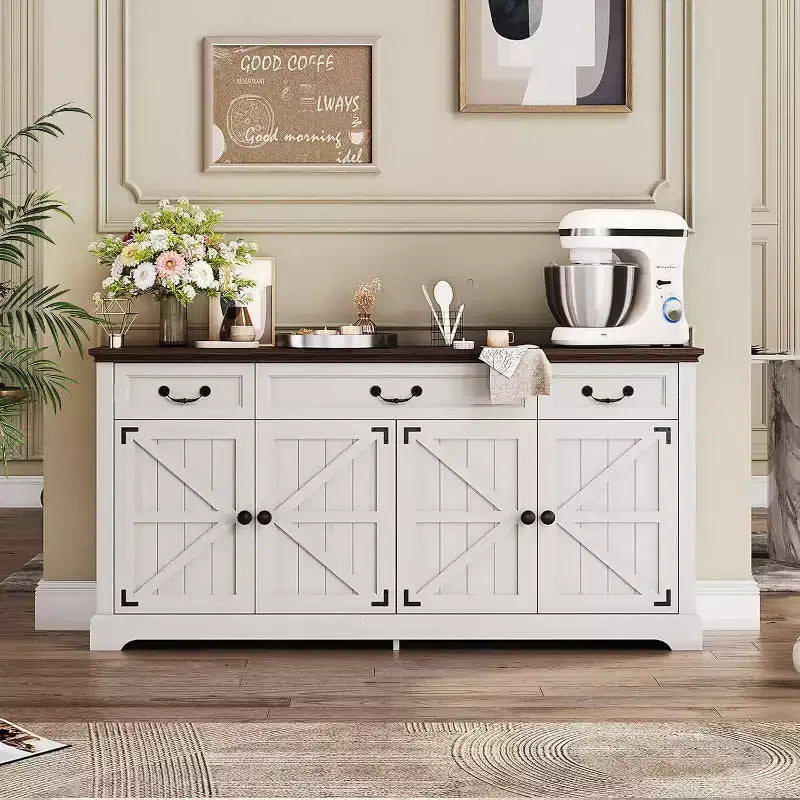 Grand buffet de rangement 65, bahut de cuisine de style campagnard avec 3 tiroirs et 4 portes, meuble de bar à café et à vin avec rangement, Noyer