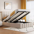 Cadre de lit plateforme grand lit/queen avec grande tête de lit rembourrée avec système de rangement hydraulique, lattes solides, aucun sommier tapissier requis, montage facile