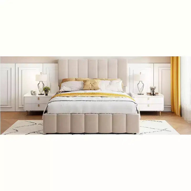 Cadre de lit plateforme grand lit/queen avec grande tête de lit rembourrée avec système de rangement hydraulique, lattes solides, aucun sommier tapissier requis, montage facile