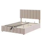 Cadre de lit plateforme grand lit/queen avec grande tête de lit rembourrée avec système de rangement hydraulique, lattes solides, aucun sommier tapissier requis, montage facile