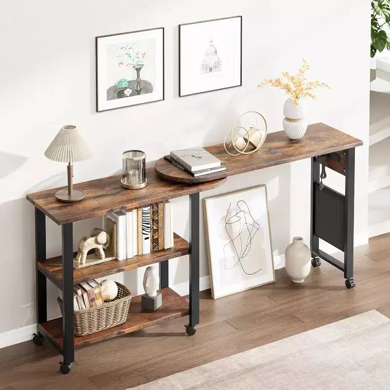 Table d'appoint rotative à 360 degrés, table d'appoint mobile avec sac de rangement supplémentaire, 6 roulettes verrouillables, tables pivotantes polyvalentes pour chambre, salon, bureau