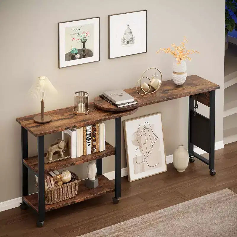 Table d'appoint rotative à 360 degrés, table d'appoint mobile avec sac de rangement supplémentaire, 6 roulettes verrouillables, tables pivotantes polyvalentes pour chambre, salon, bureau