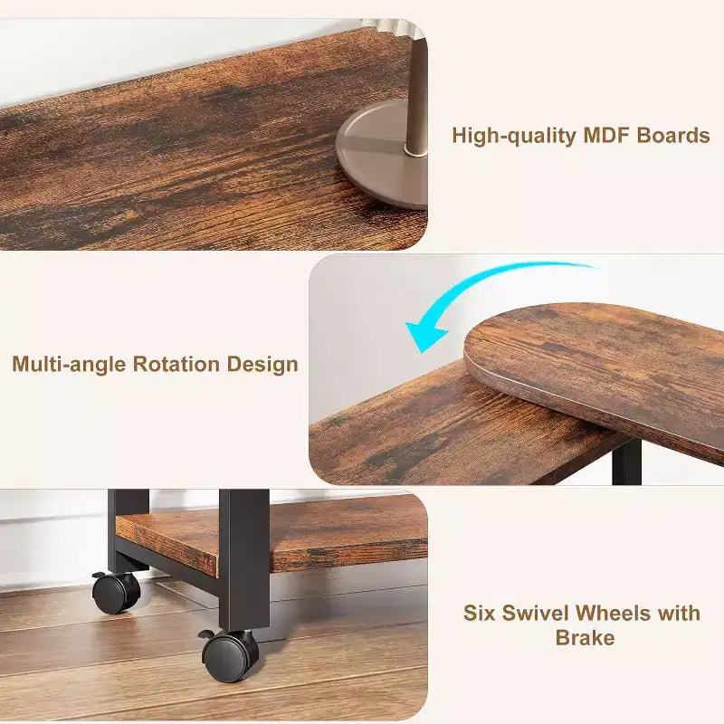 Table d'appoint rotative à 360 degrés, table d'appoint mobile avec sac de rangement supplémentaire, 6 roulettes verrouillables, tables pivotantes polyvalentes pour chambre, salon, bureau