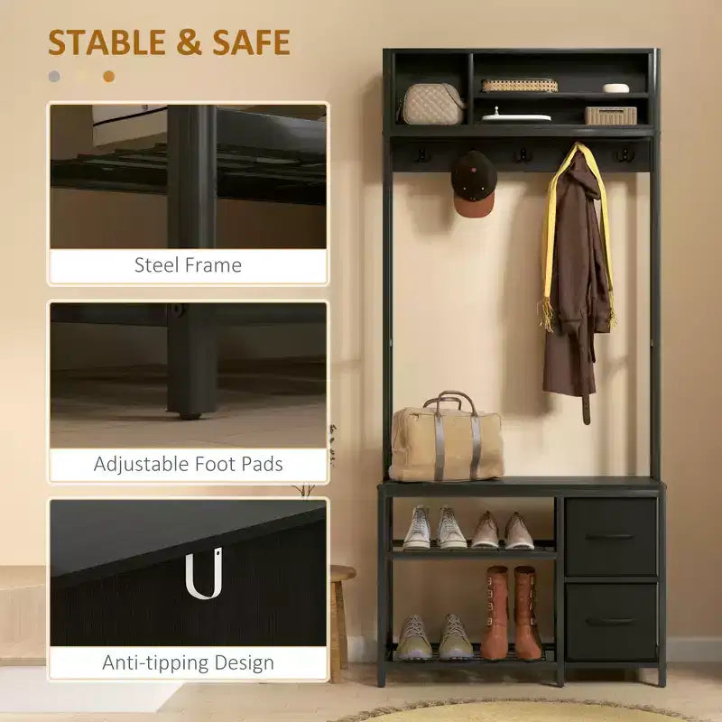 Porte-manteau d'entrée avec banc et rangement à chaussures, patère avec crochets, étagères et tiroirs en tissu