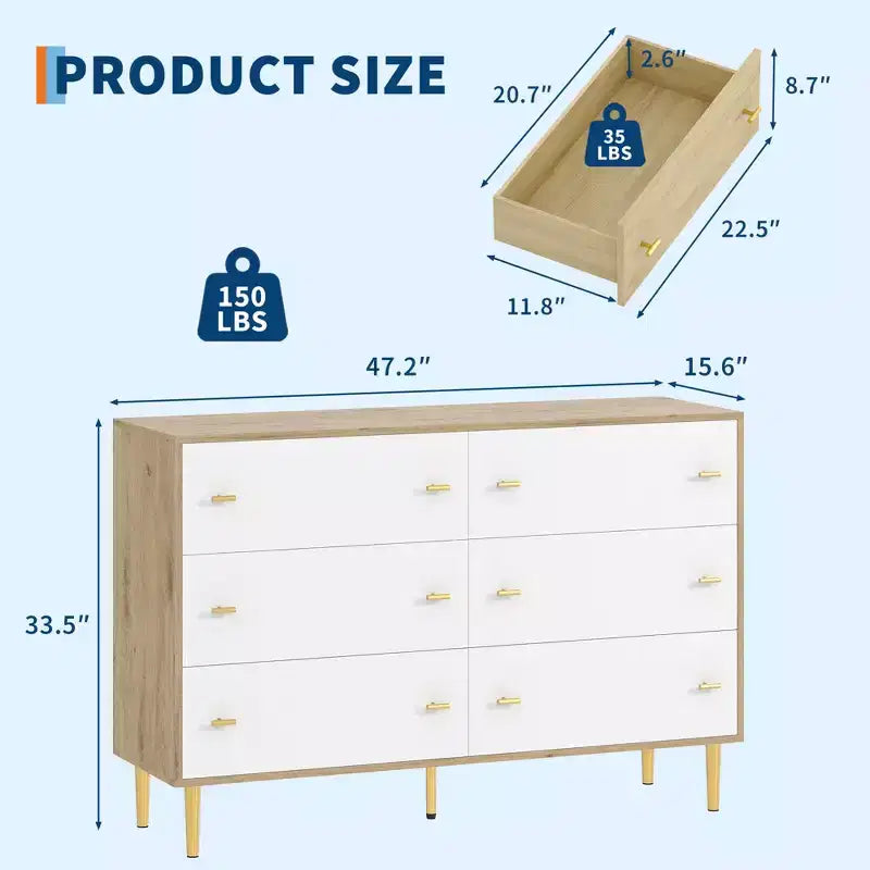 Commode de Ferme à 6 Tiroirs, Commode Rustique en Bois, Grand Rangement, Armoire de Rangement Décorative, Pour Chambre à Coucher, Salon