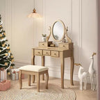 Contemporary Makeup Vanity Desk with Mirror, 5 Drawers, Matching Stool for Bedroom, Gold Finish, Space-Saving Design