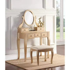 Coiffeuse contemporaine avec miroir, 5 tiroirs, tabouret assorti pour chambre, finition dorée, design compact