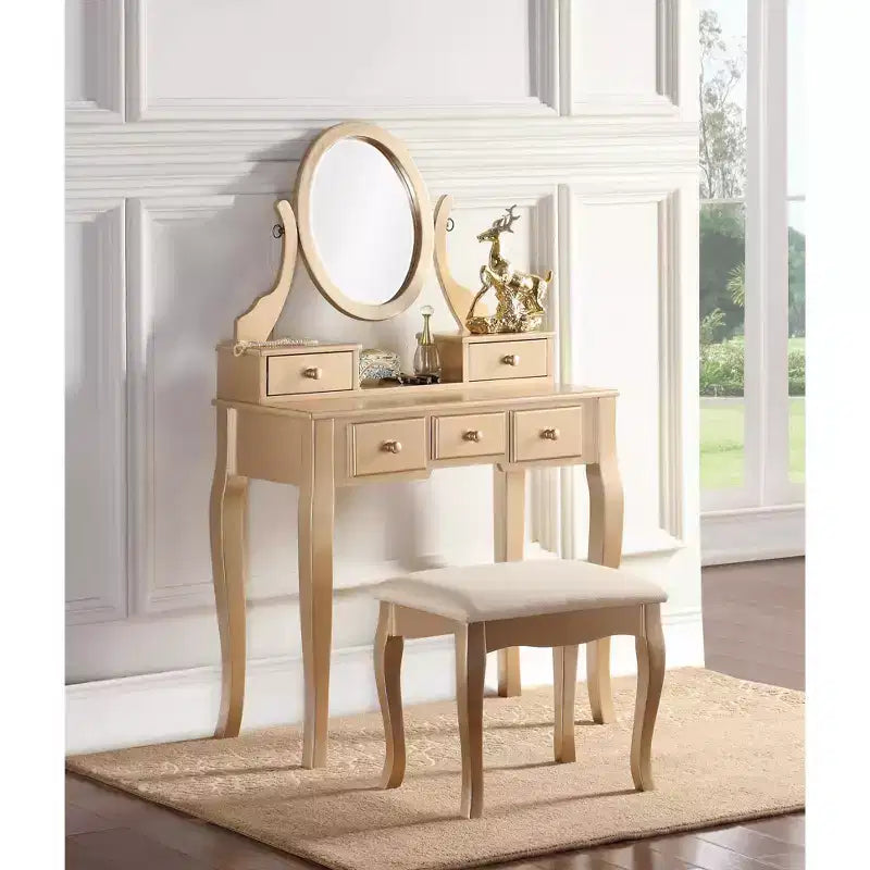 Coiffeuse contemporaine avec miroir, 5 tiroirs, tabouret assorti pour chambre, finition dorée, design compact