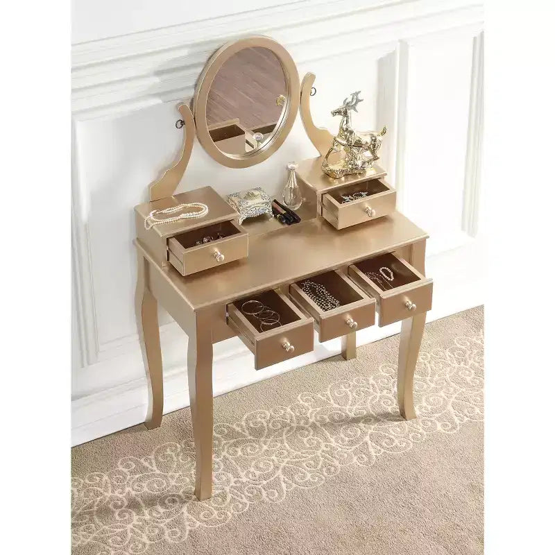 Coiffeuse contemporaine avec miroir, 5 tiroirs, tabouret assorti pour chambre, finition dorée, design compact