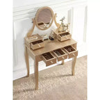 Coiffeuse contemporaine avec miroir, 5 tiroirs, tabouret assorti pour chambre, finition dorée, design compact