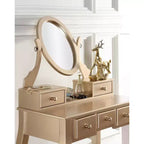 Coiffeuse contemporaine avec miroir, 5 tiroirs, tabouret assorti pour chambre, finition dorée, design compact