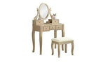 Coiffeuse contemporaine avec miroir, 5 tiroirs, tabouret assorti pour chambre, finition dorée, design compact