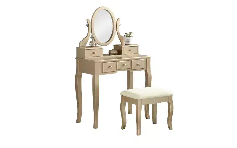 Coiffeuse contemporaine avec miroir, 5 tiroirs, tabouret assorti pour chambre, finition dorée, design compact