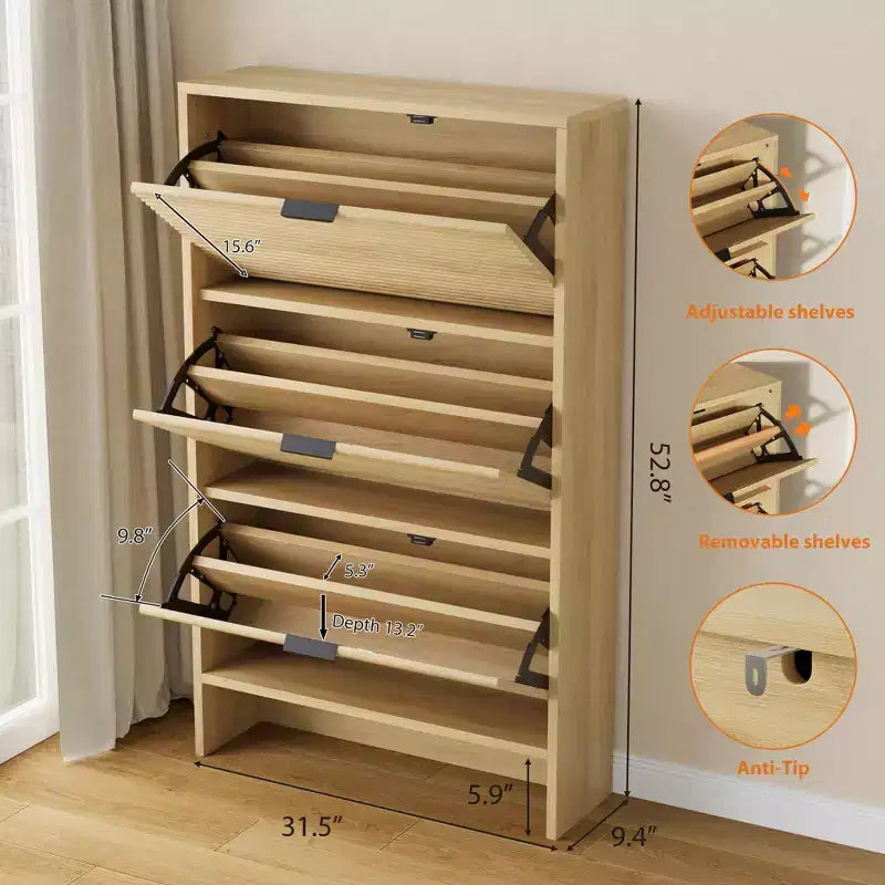Meuble à chaussures autoportant de 32 po de large à trois tiroirs basculants, meuble de rangement cannelé pour chaussures d'entrée, de couloir et de maison
