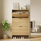 32 Wide Tall Fluted Shoe Storage Cabinet with 3 Flip Drawers, Freestanding Shoe Organizer for Entryway, Hallway and Home