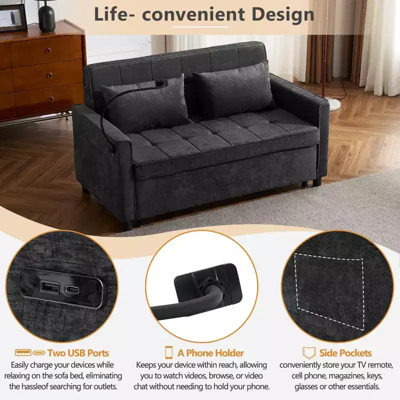 56.9 Canapé deux places convertible avec coussin de dossier réversible et deux ports USB