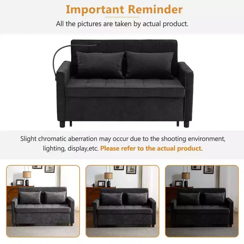 56.9 Canapé deux places convertible avec coussin de dossier réversible et deux ports USB