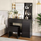 Vanity Desk with Mirror LED Lights, 4 Drawers, Power Outlet, Storage Stool, Shelves and Hair Dryer Holder