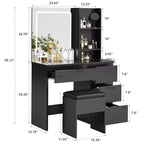 Coiffeuse avec miroir lumineux LED, 4 tiroirs, prise de courant, tabouret de rangement, étagères et support pour sèche-cheveux