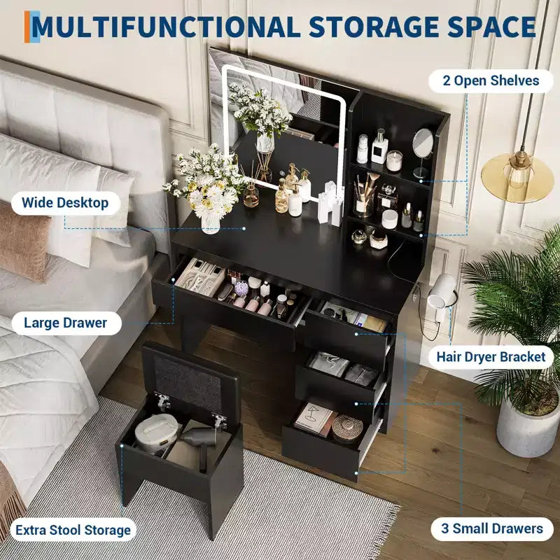 Coiffeuse avec miroir lumineux LED, 4 tiroirs, prise de courant, tabouret de rangement, étagères et support pour sèche-cheveux