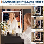 Coiffeuse avec miroir lumineux LED, 4 tiroirs, prise de courant, tabouret de rangement, étagères et support pour sèche-cheveux