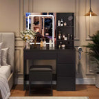 Coiffeuse avec miroir lumineux LED, 4 tiroirs, prise de courant, tabouret de rangement, étagères et support pour sèche-cheveux