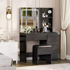 Coiffeuse avec miroir lumineux LED, 4 tiroirs, prise de courant, tabouret de rangement, étagères et support pour sèche-cheveux