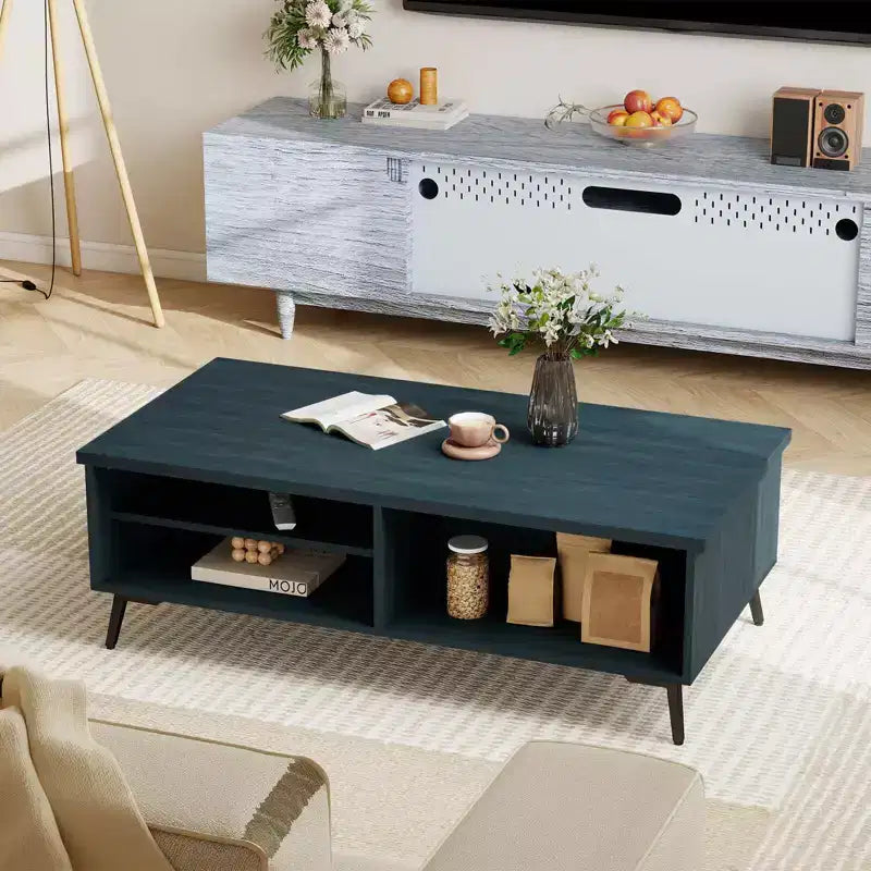 Table basse rectangulaire à 2 niveaux avec étagères de rangement et compartiments pour salon Bleu anthracite/Marron