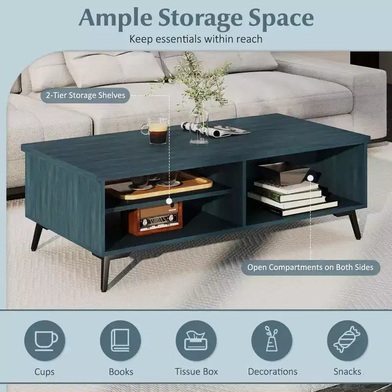 Table basse rectangulaire à 2 niveaux avec étagères de rangement et compartiments pour salon Bleu anthracite/Marron
