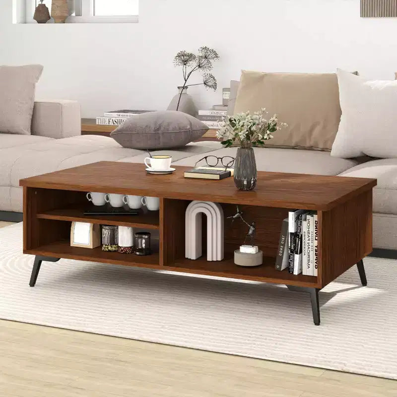 Table basse rectangulaire à 2 niveaux avec étagères de rangement et compartiments pour salon Bleu anthracite/Marron