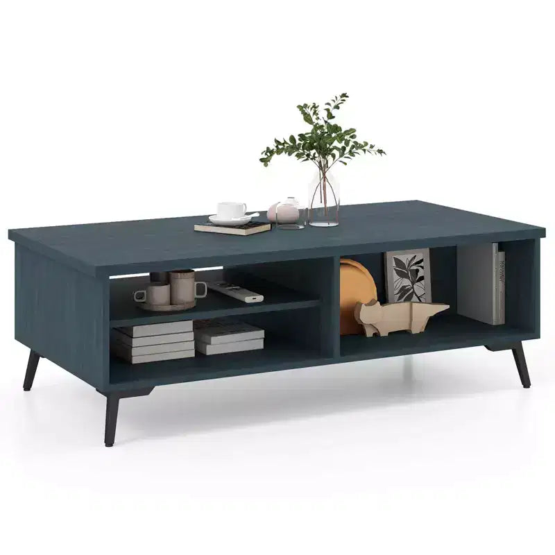 Table basse rectangulaire à 2 niveaux avec étagères de rangement et compartiments pour salon Bleu anthracite/Marron