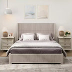 Queen Size Solid Wood Platform Bed Frame with Headboard, No Box Spring Needed and Easy Assembly, Beige