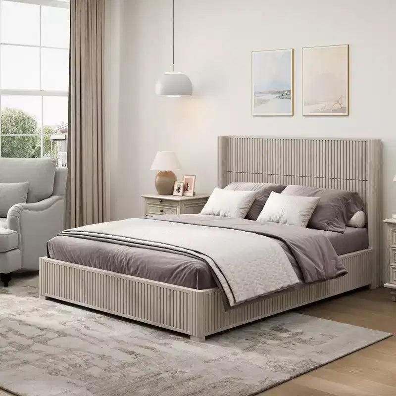 Lit plateforme queen en bois massif avec tête de lit, aucun sommier tapissier requis et assemblage facile, beige