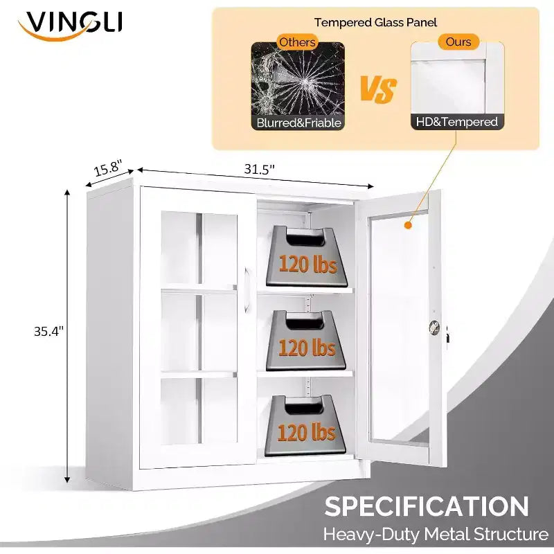 Vitrine d'exposition verrouillable avec porte vitrée et 3 étagères, 35,5 H Armoire de rangement métallique, Meuble de curiosités, Bar à liqueur, Étagère à livres