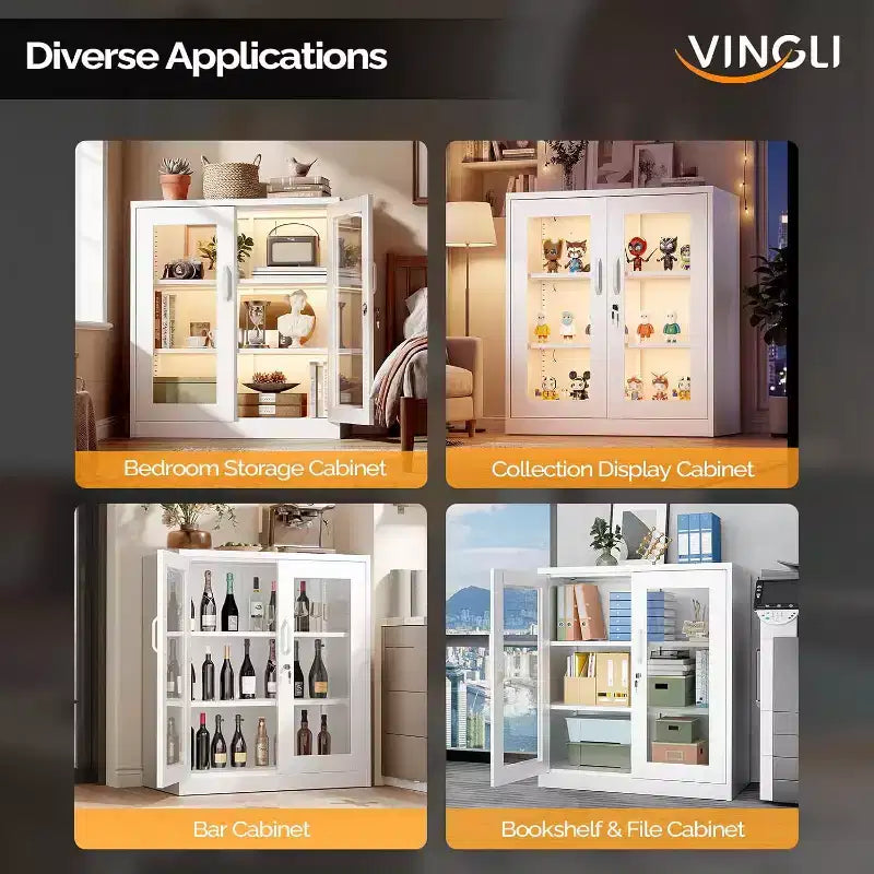 Vitrine d'exposition verrouillable avec porte vitrée et 3 étagères, 35,5 H Armoire de rangement métallique, Meuble de curiosités, Bar à liqueur, Étagère à livres