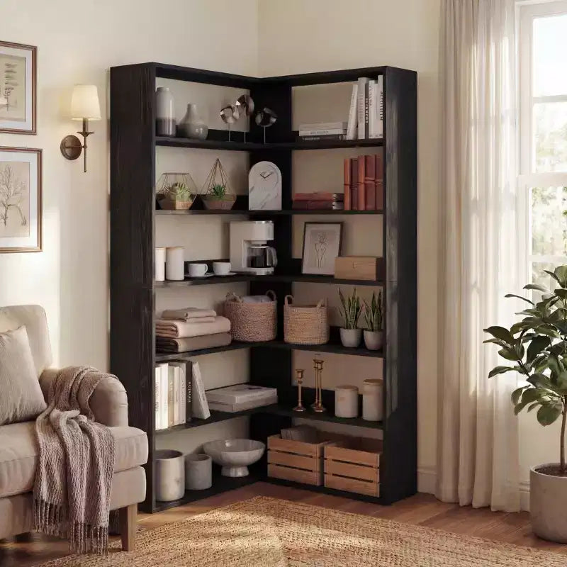 Étagère d'angle à 6 niveaux, étagère d'angle en bois rustique avec rangement ouvert, étagère de présentation en forme de L pour salon, chambre à coucher, bureau à domicile