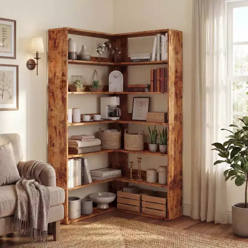 Étagère d'angle à 6 niveaux, étagère d'angle en bois rustique avec rangement ouvert, étagère de présentation en forme de L pour salon, chambre à coucher, bureau à domicile