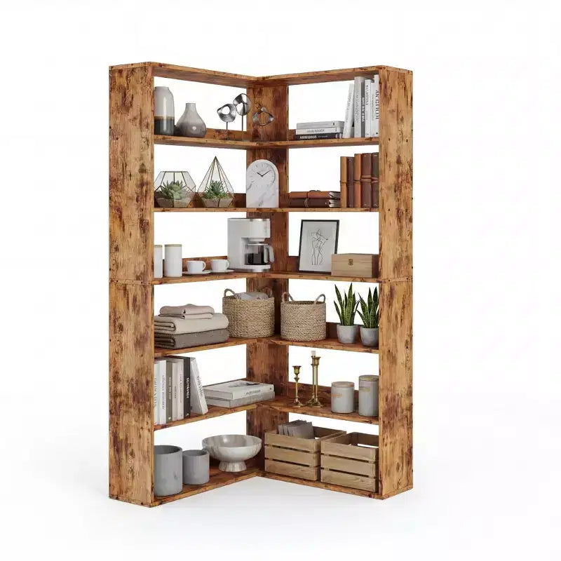 Étagère d'angle à 6 niveaux, étagère d'angle en bois rustique avec rangement ouvert, étagère de présentation en forme de L pour salon, chambre à coucher, bureau à domicile