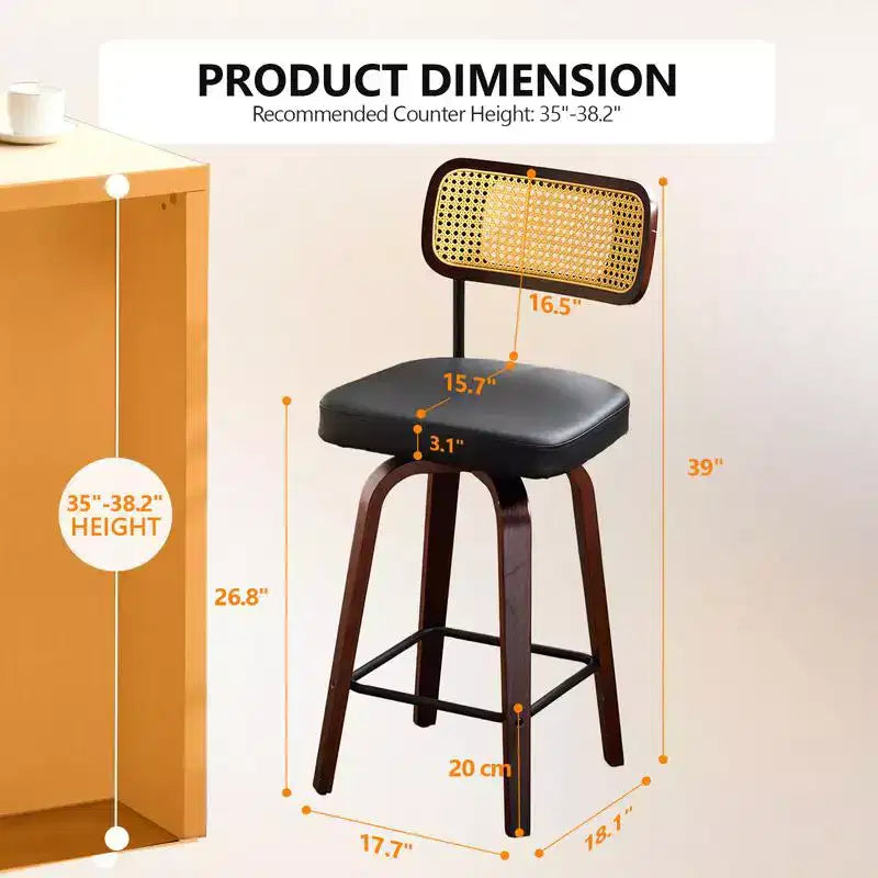 Tabourets de bar pivotants à 360° en rotin avec coussin en PU, hauteur comptoir